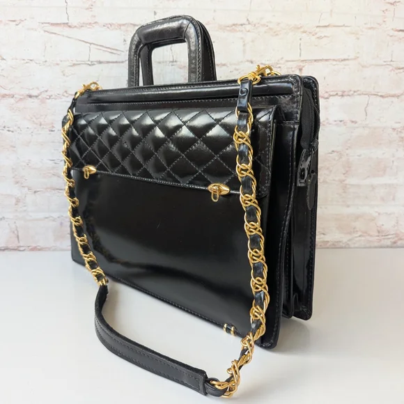 Black Quilted Leather Bag with Gold Chain - Picture 1 of 12